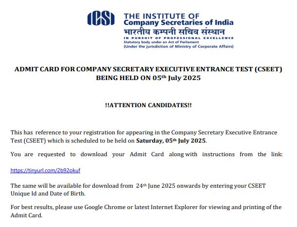 ICSI CSEET Admit Card July 2025